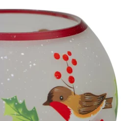 5-Inch Hand Painted Finches And Pine Flameless Glass Candle Holder