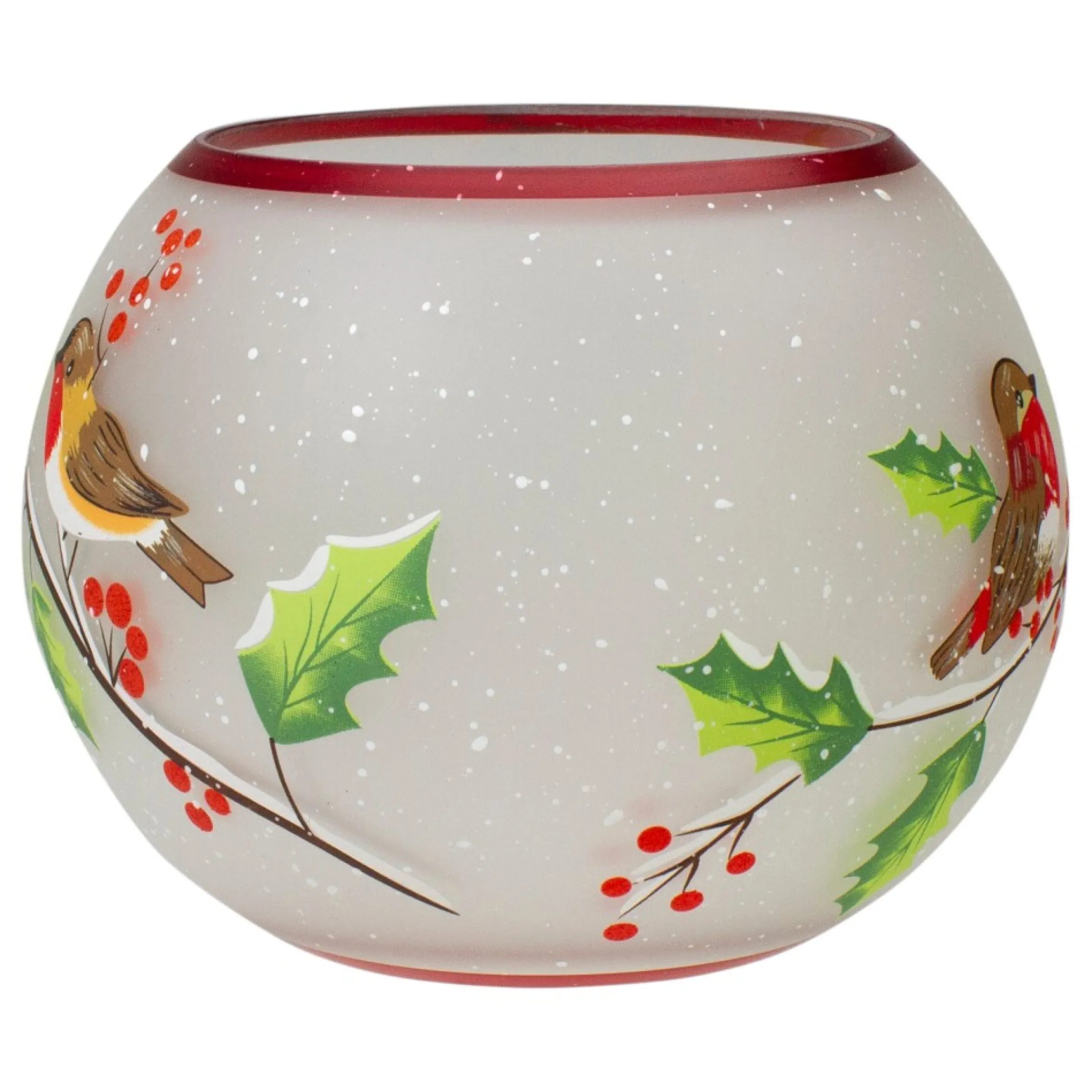 5-Inch Hand Painted Finches And Pine Flameless Glass Candle Holder