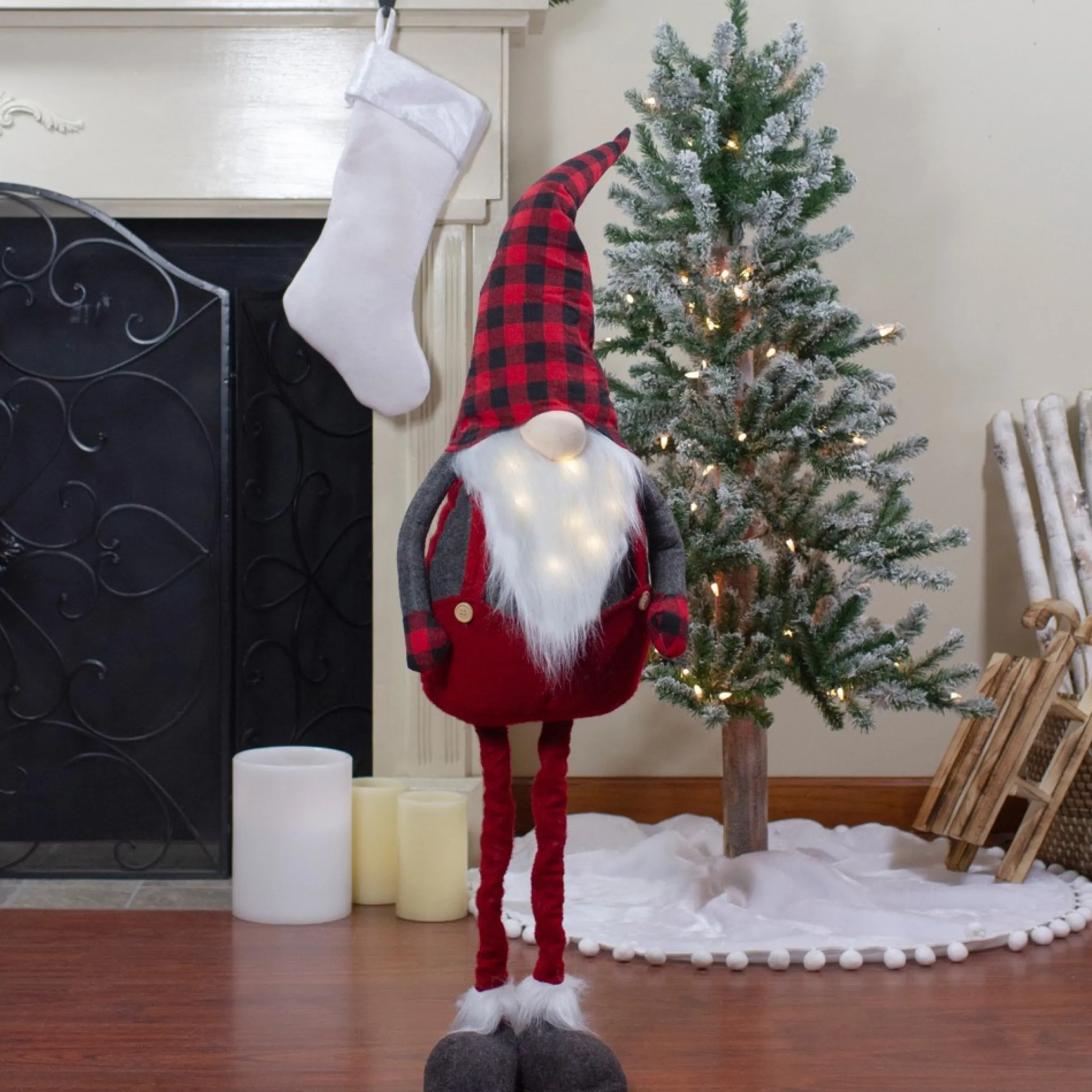 41-Inch Led Lighted Red And Black Plaid Extendable Gnome Christmas Figure