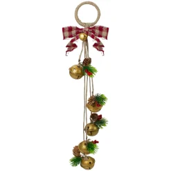 15-Inch Pine And Gold Jingle Bell Christmas Door Hanger With Plaid Bow