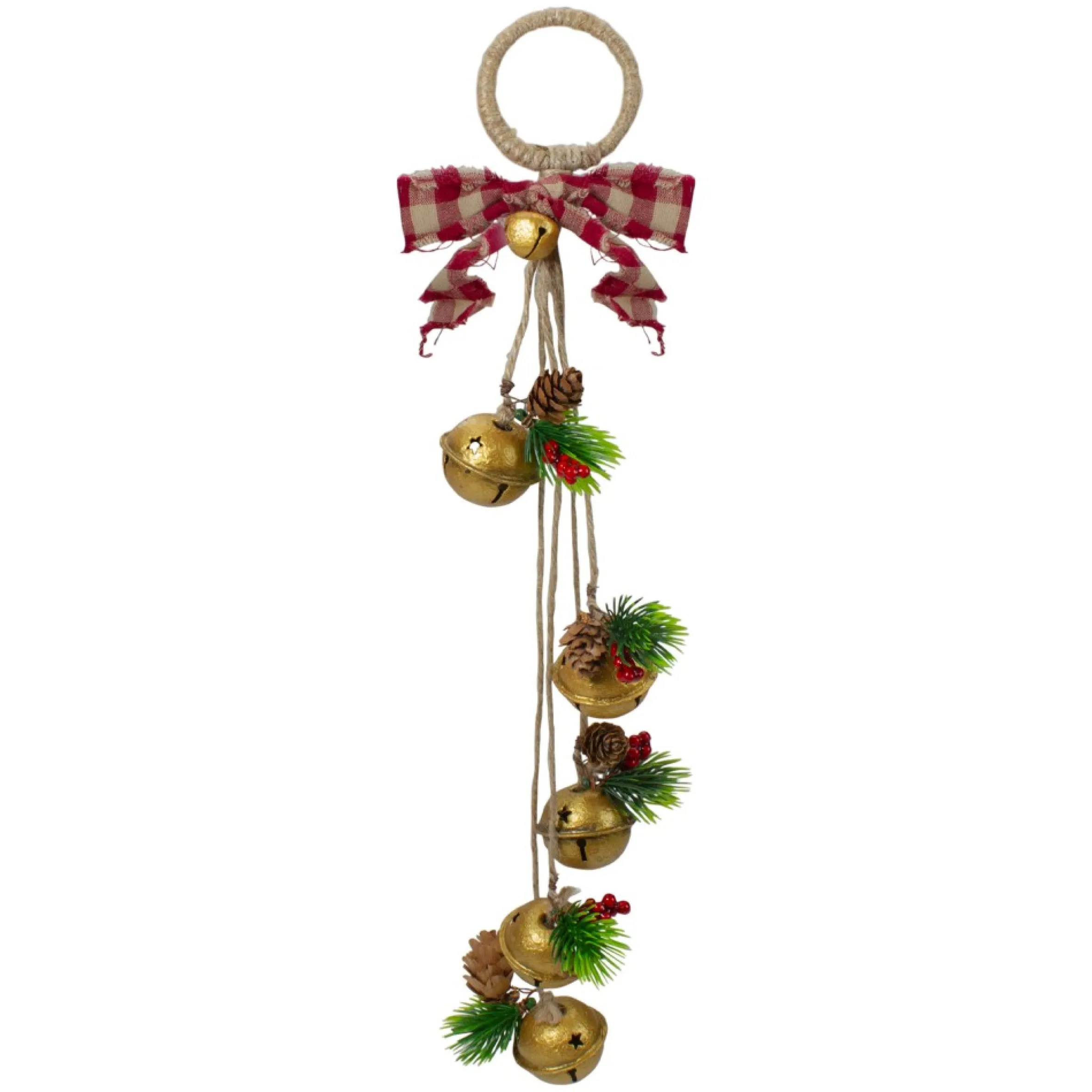 15-Inch Pine And Gold Jingle Bell Christmas Door Hanger With Plaid Bow