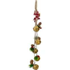 15-Inch Pine And Gold Jingle Bell Christmas Door Hanger With Plaid Bow