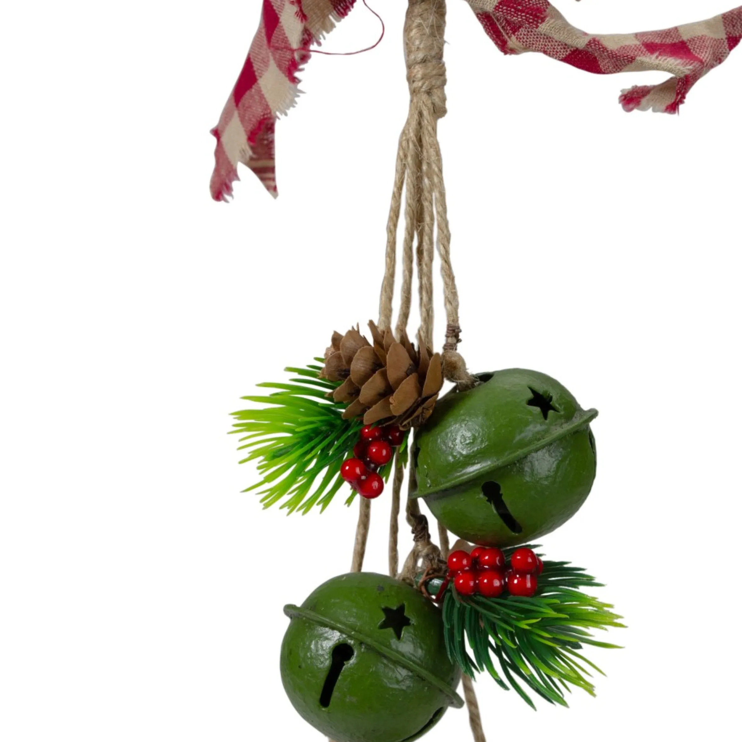 15-Inch Pine And Green Jingle Bell Christmas Door Hanger With Plaid Bow
