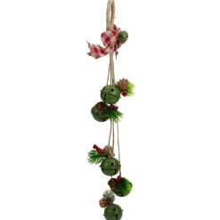 15-Inch Pine And Green Jingle Bell Christmas Door Hanger With Plaid Bow