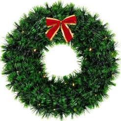 17-Inch Pre-Lit Green Tinsel Artificial Christmas Wreath With Bow - Clear Led Lights