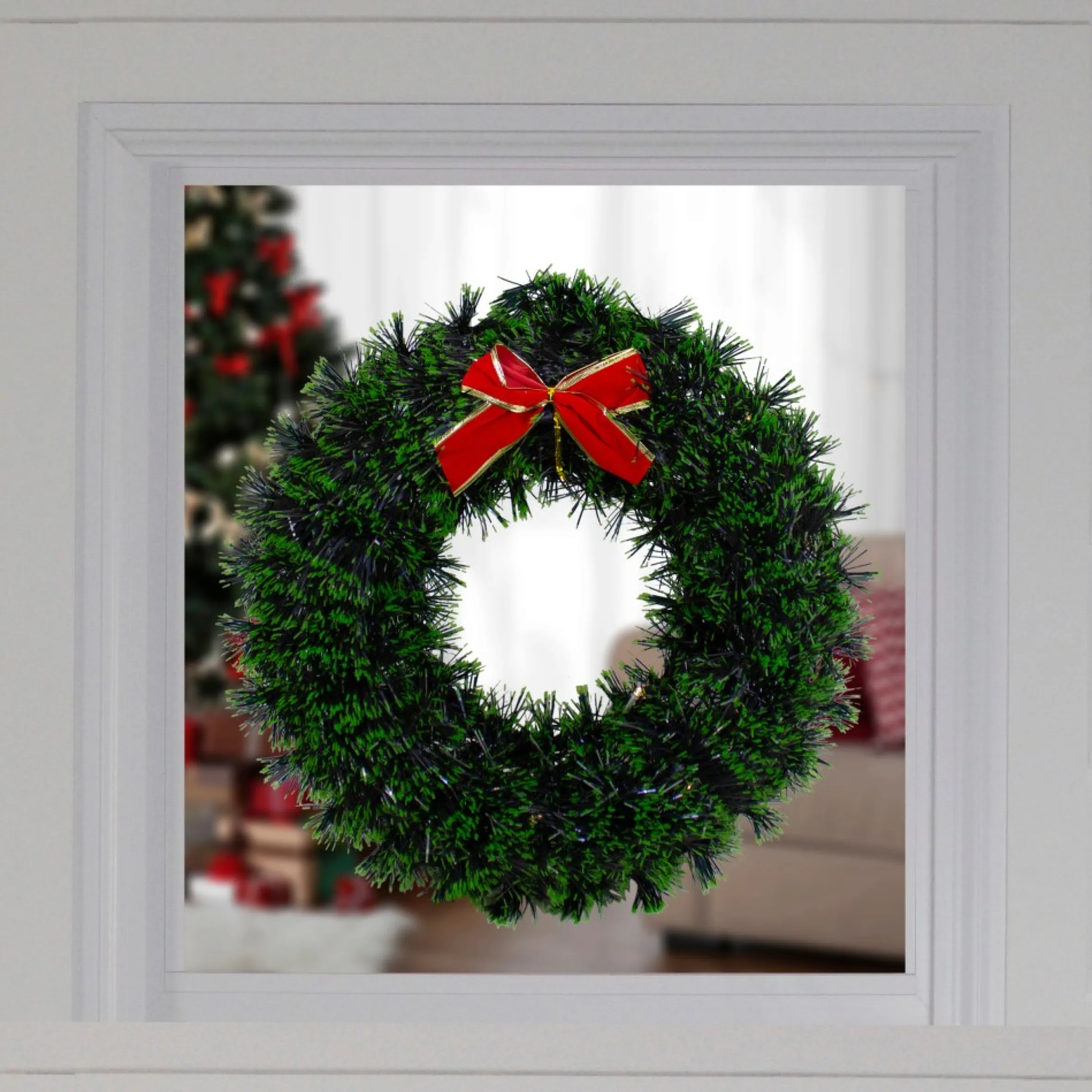 17-Inch Pre-Lit Green Tinsel Artificial Christmas Wreath With Bow - Clear Led Lights
