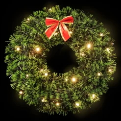 17-Inch Pre-Lit Green Tinsel Artificial Christmas Wreath With Bow - Clear Led Lights