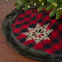 48-Inch Red And Black Christmas Tree Skirt With Burlap Snowflake