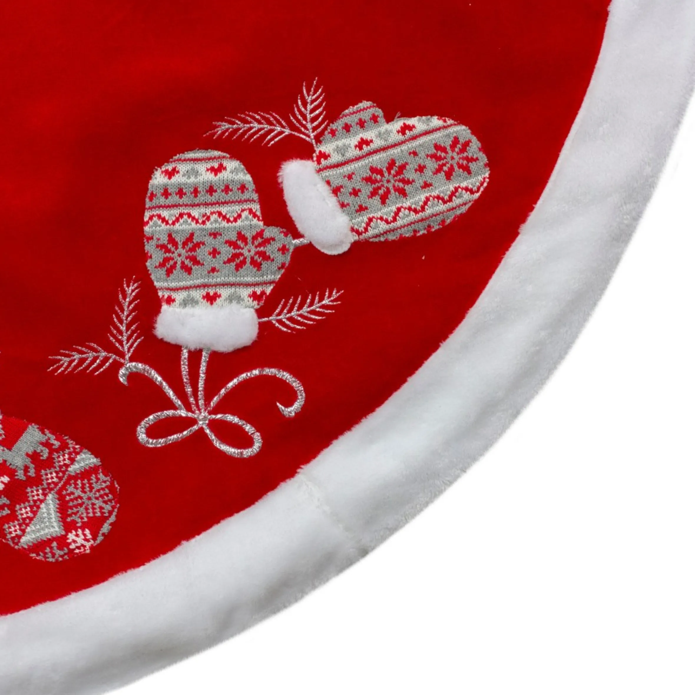 48-Inch Red And White Embroidered Winter Mittens Christmas Tree Skirt