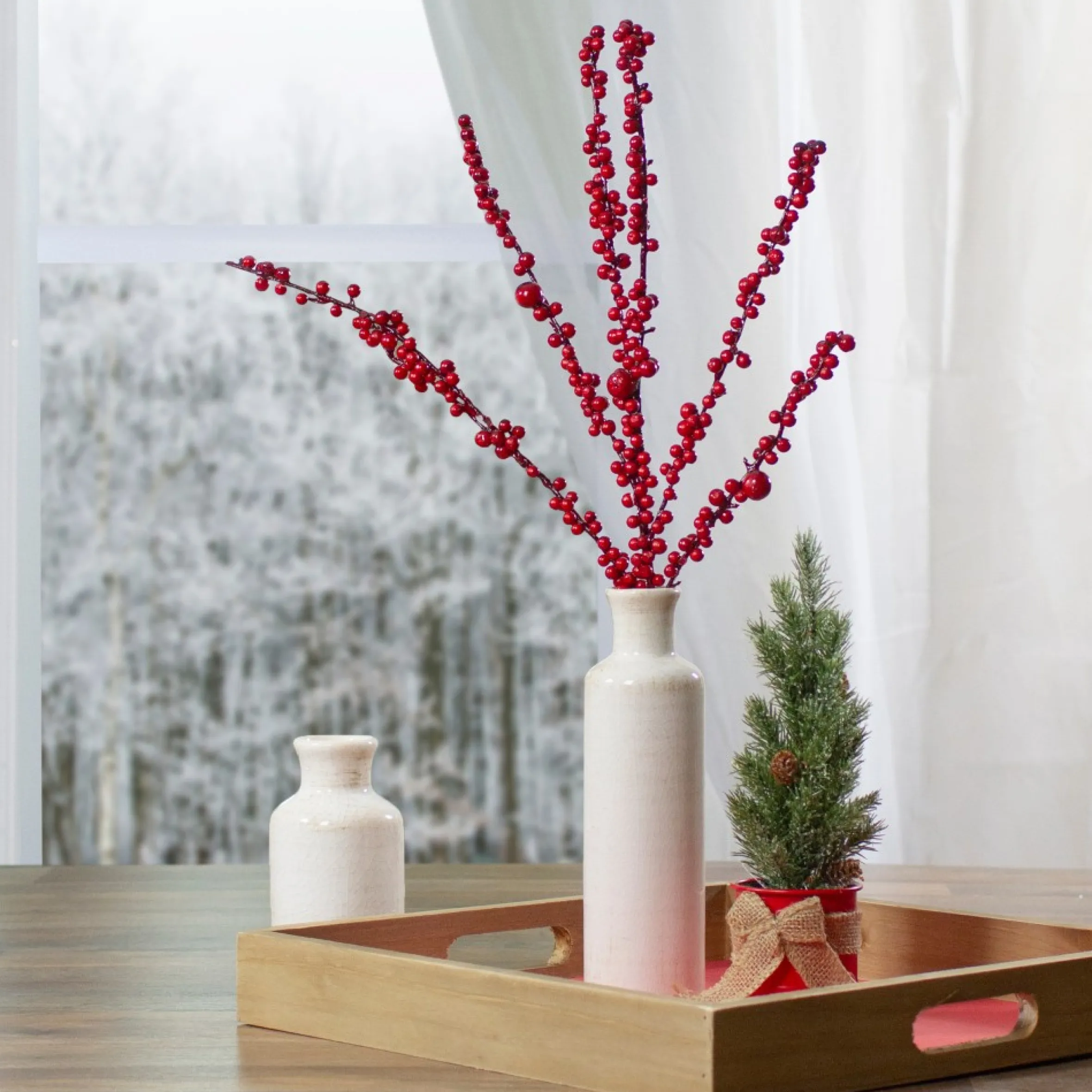 25-Inch Red Berries Artificial Christmas Twig Branch Spray