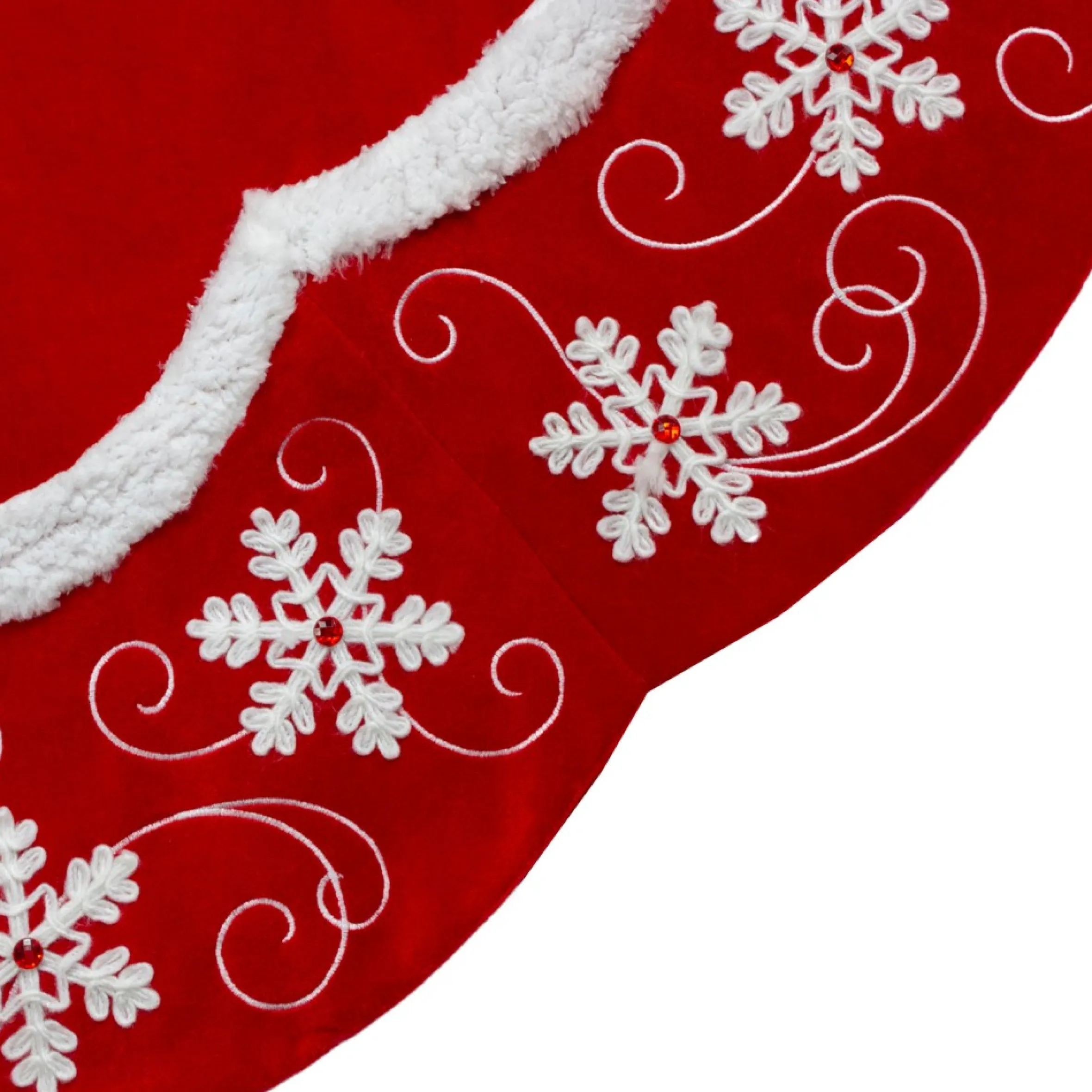 48-Inch Velvet Red And White Snowflake Scallop Christmas Tree Skirt