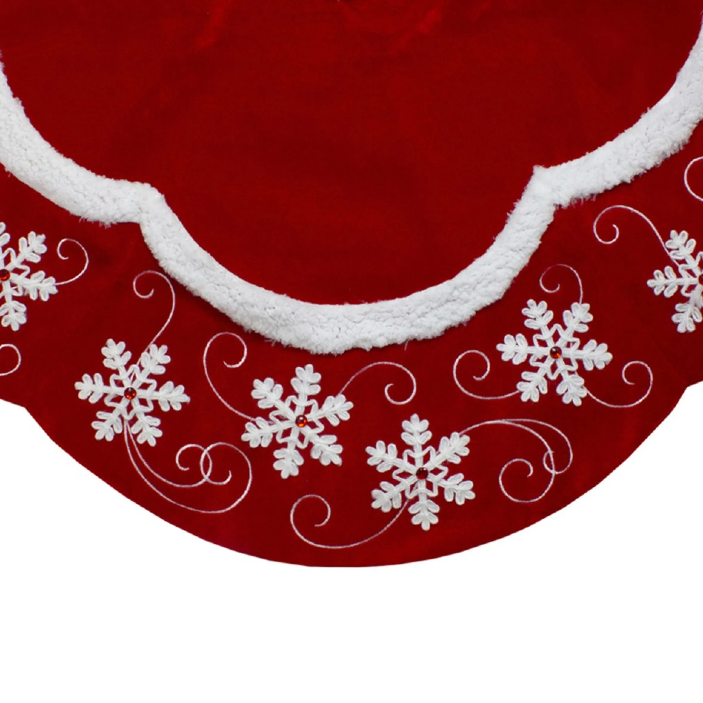 48-Inch Velvet Red And White Snowflake Scallop Christmas Tree Skirt