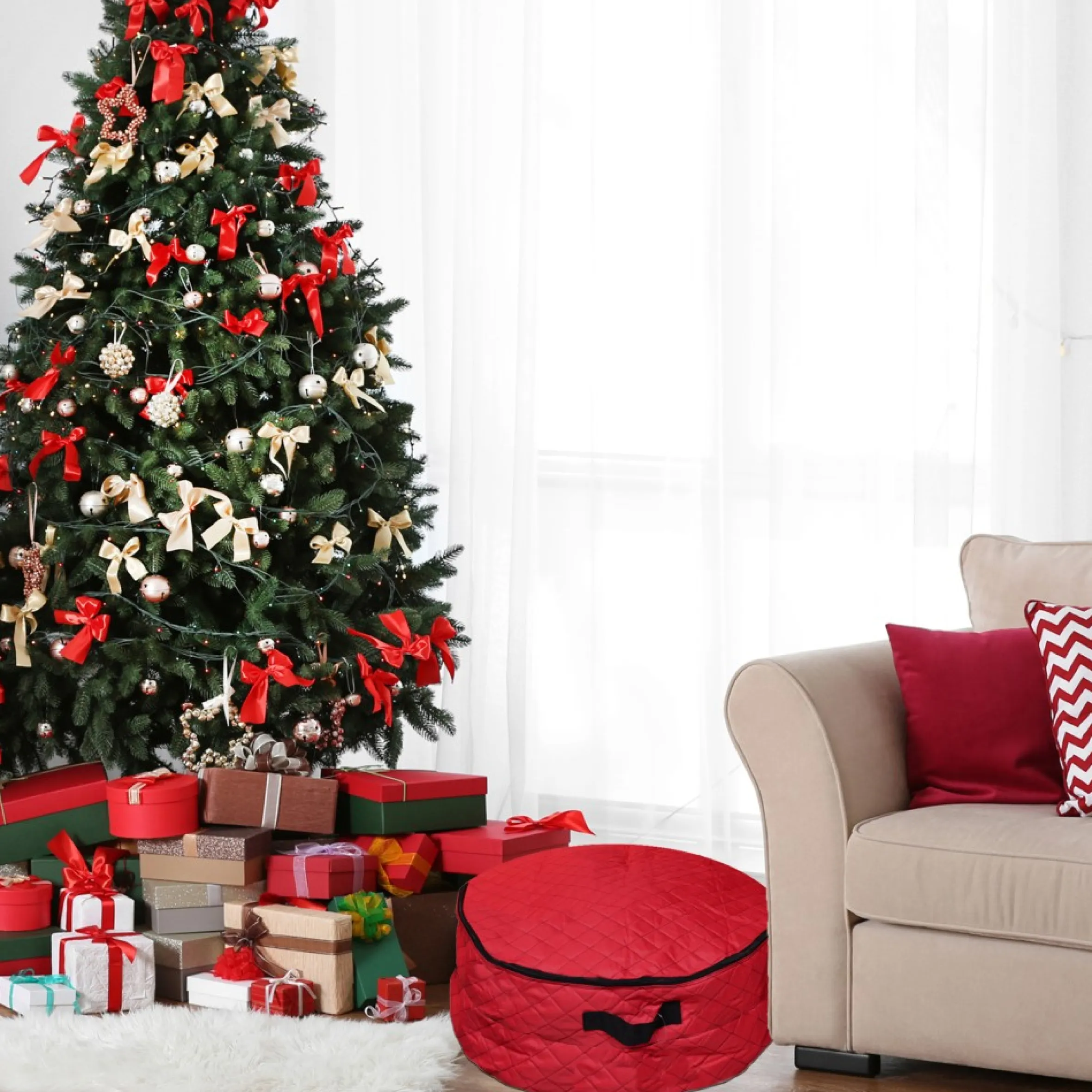 2-In-1 Quilted Red Zip Up Christmas Garland And Wreath Storage Bag 36"