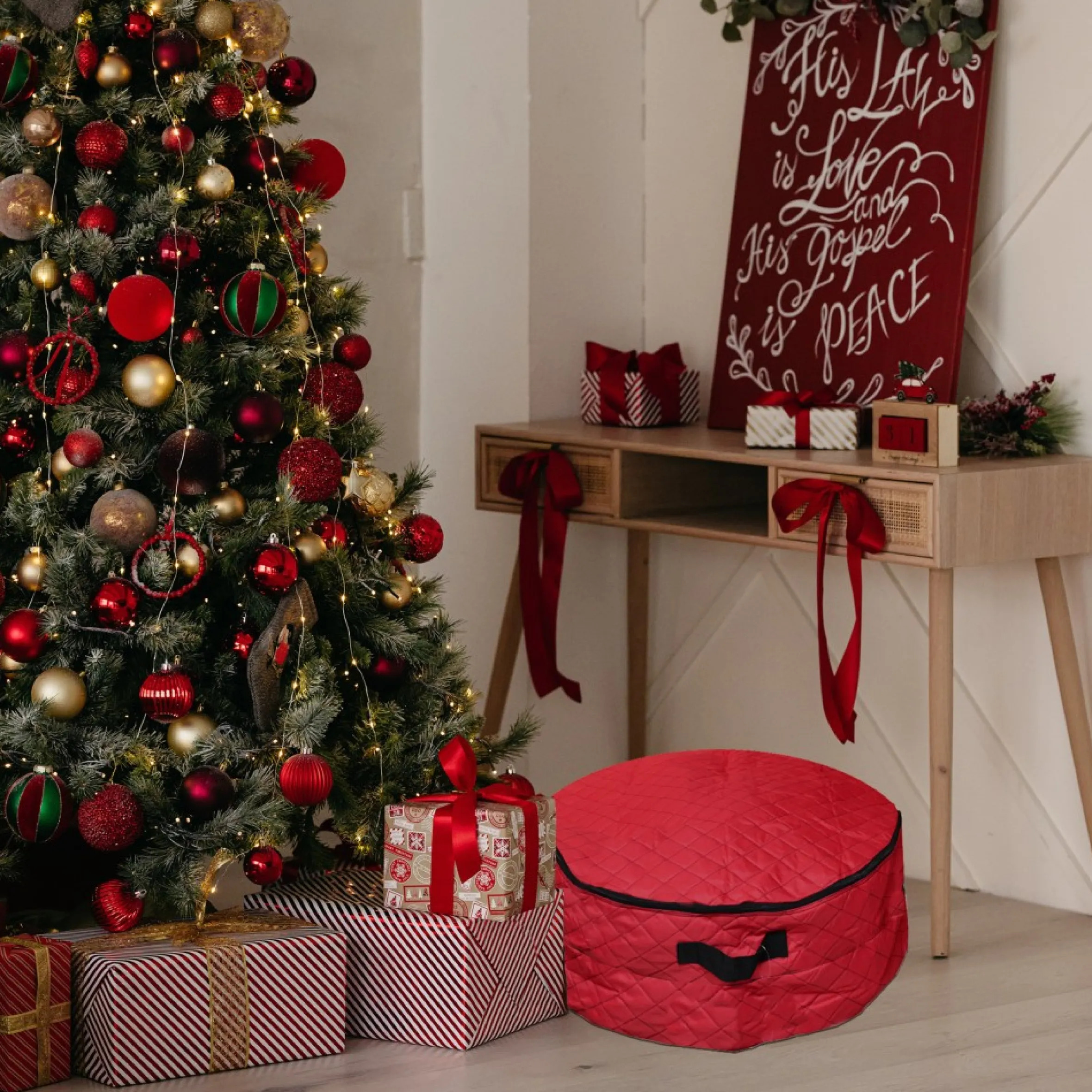 2-In-1 Quilted Red Zip Up Christmas Garland And Wreath Storage Bag 36"