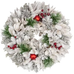 14In White Wooden Flower And Pinecone Christmas Wreath