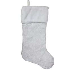 20.5" Iridescent Glitter Snowflake Print Christmas Stocking With Faux Fur Cuff