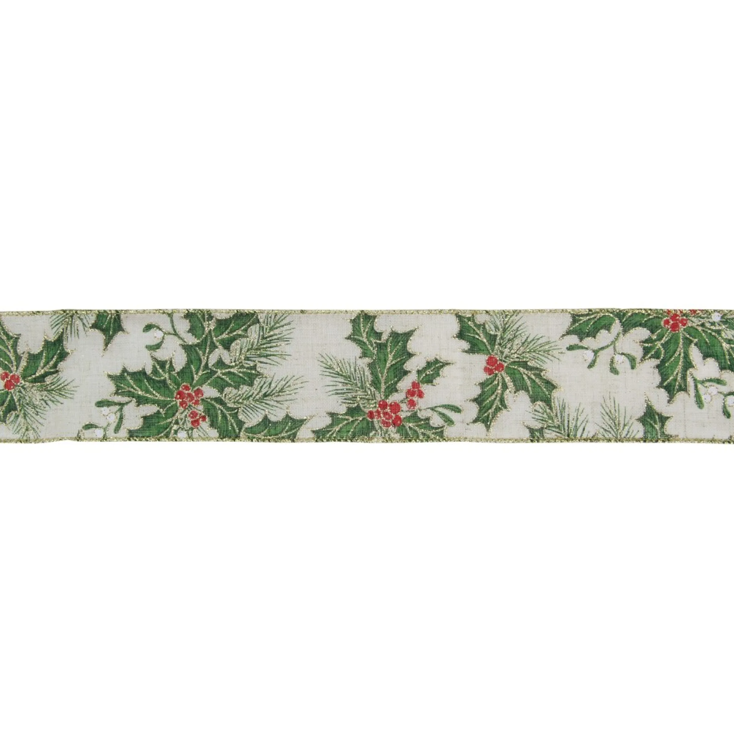 Ivory And Green Holly Leaves Christmas Wired Craft Ribbon 2.5" X 16 Yards