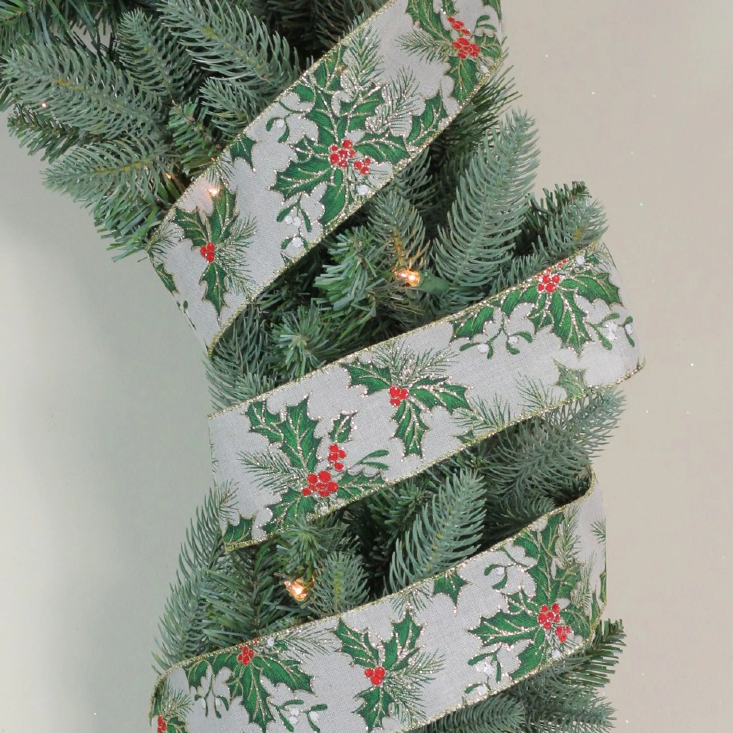 Ivory And Green Holly Leaves Christmas Wired Craft Ribbon 2.5" X 16 Yards