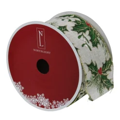 Ivory And Green Holly Leaves Christmas Wired Craft Ribbon 2.5