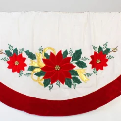 48" Ivory And Red Poinsettia Christmas Tree Skirt With Beads