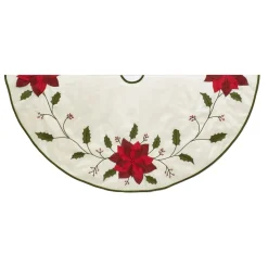 54" Ivory And Red With Poinsettia Applique Christmas Tree Skirt