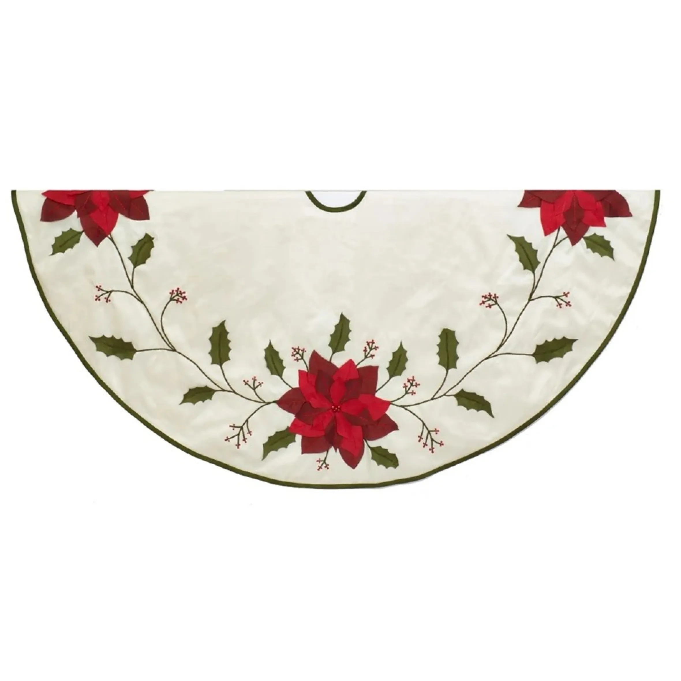 54" Ivory And Red With Poinsettia Applique Christmas Tree Skirt