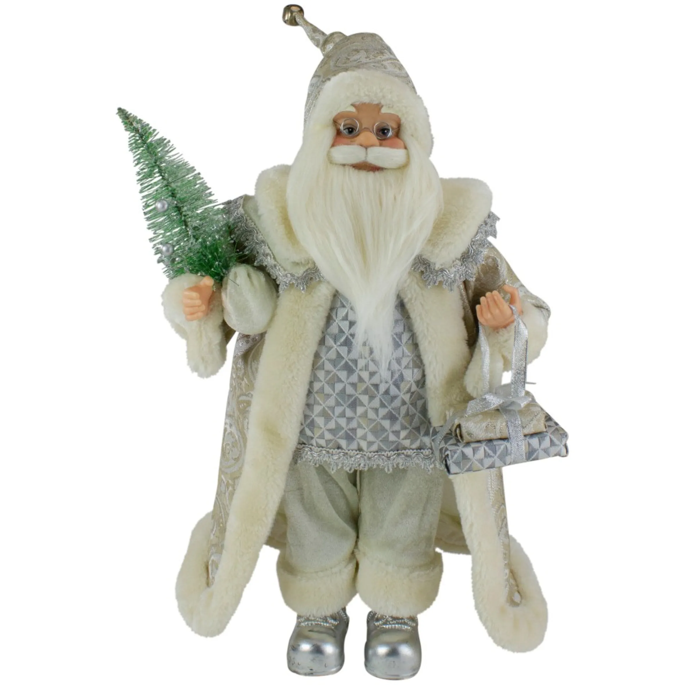 12" Ivory Standing Santa Christmas Figure Carrying A Green Pine Tree