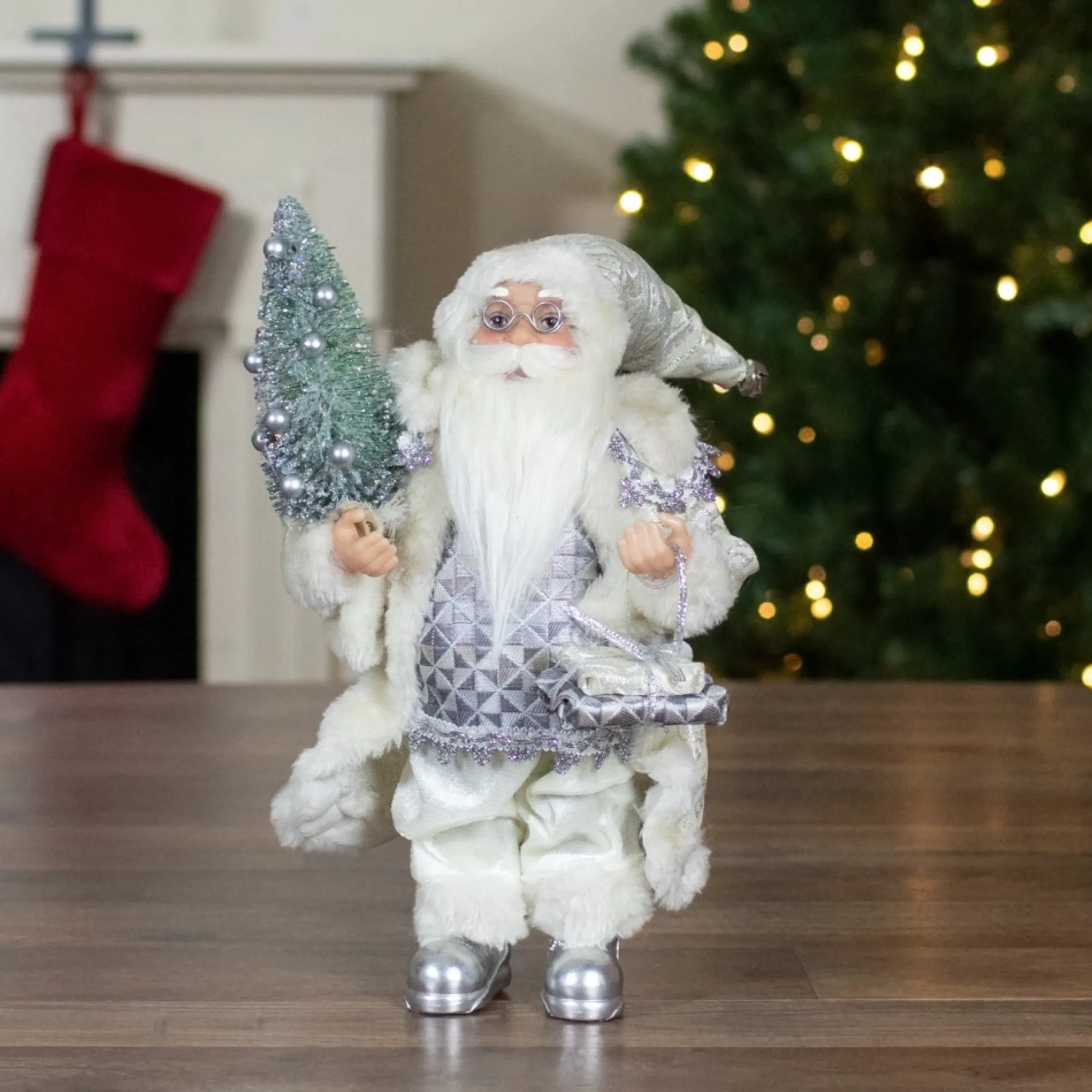 12" Ivory Standing Santa Christmas Figure Carrying A Green Pine Tree