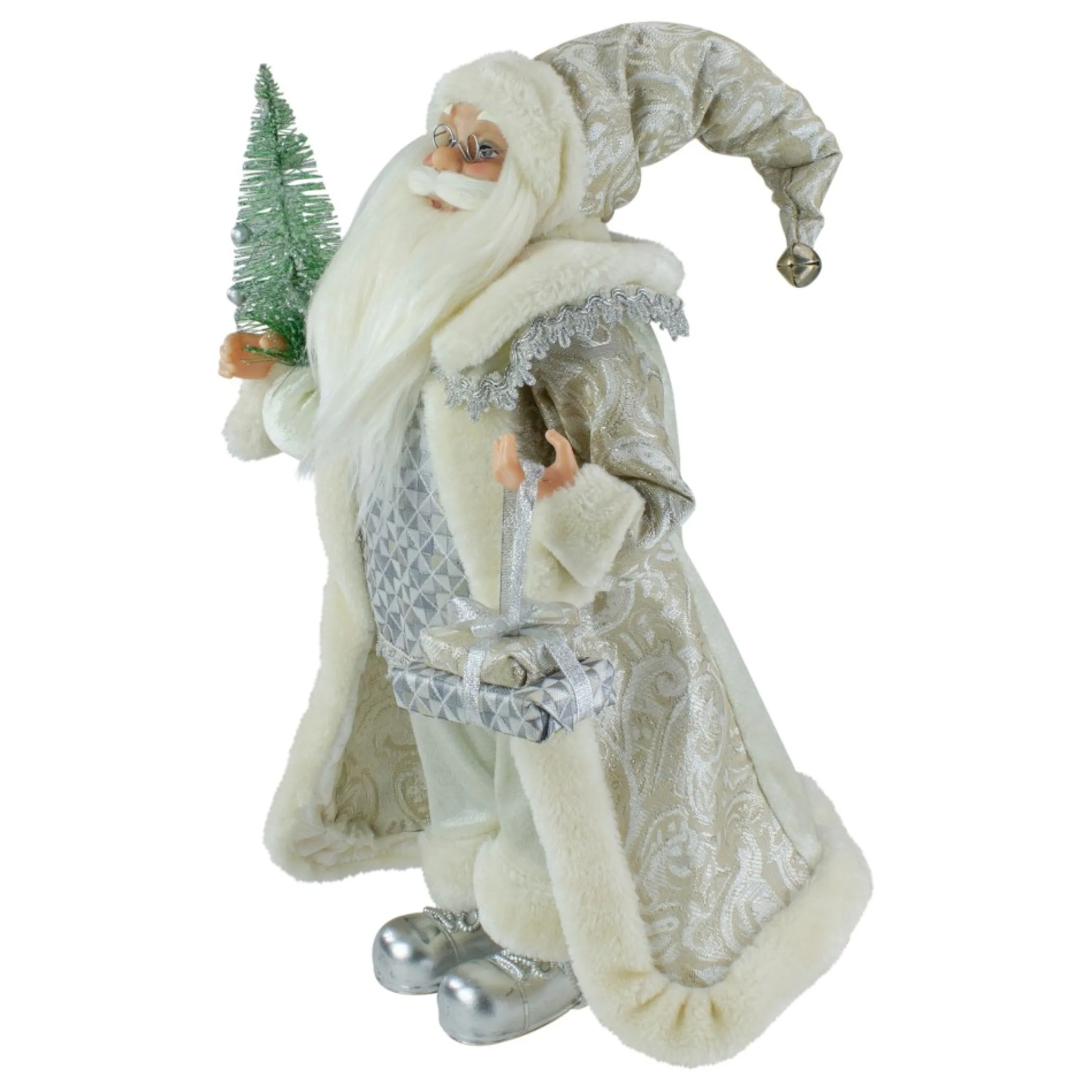 12" Ivory Standing Santa Christmas Figure Carrying A Green Pine Tree