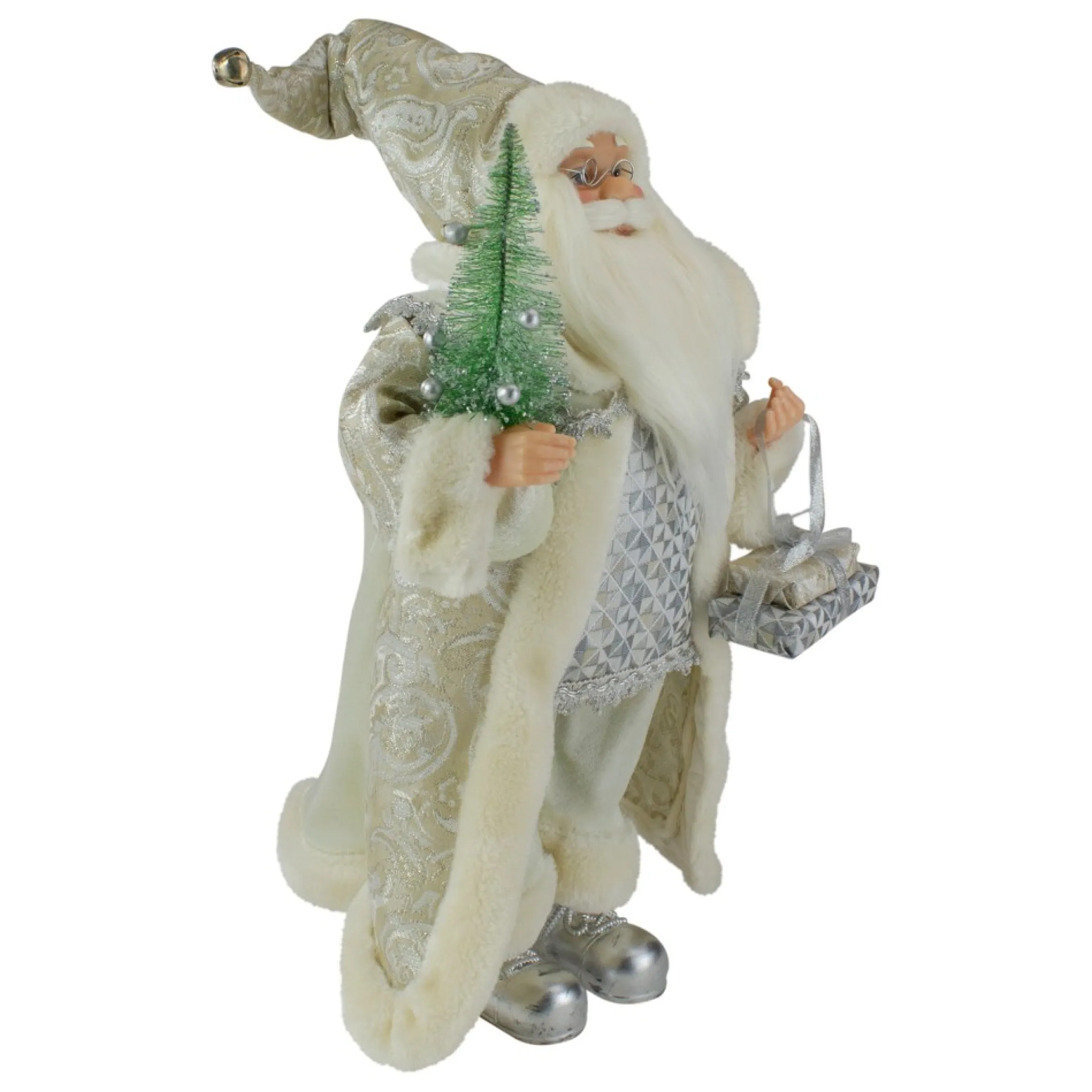 12" Ivory Standing Santa Christmas Figure Carrying A Green Pine Tree
