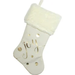 19" Ivory White And Gold "Joy" Christmas Stocking With White Faux Fur Cuff