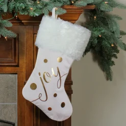 19" Ivory White And Gold "Joy" Christmas Stocking With White Faux Fur Cuff