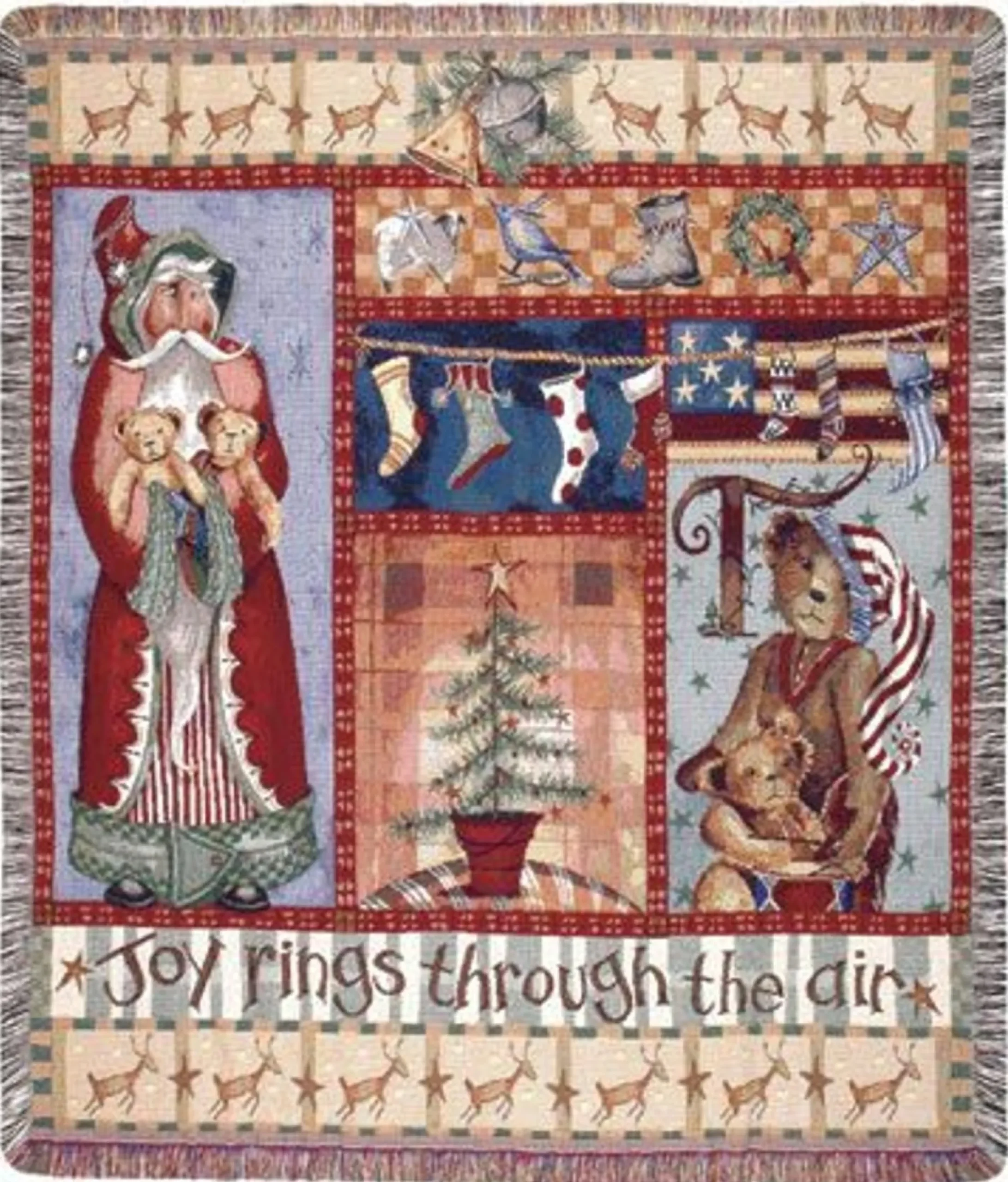 Joy Rings Thru The Air Christmas Folk Art Tapestry Throw Afghan 50" X 60"