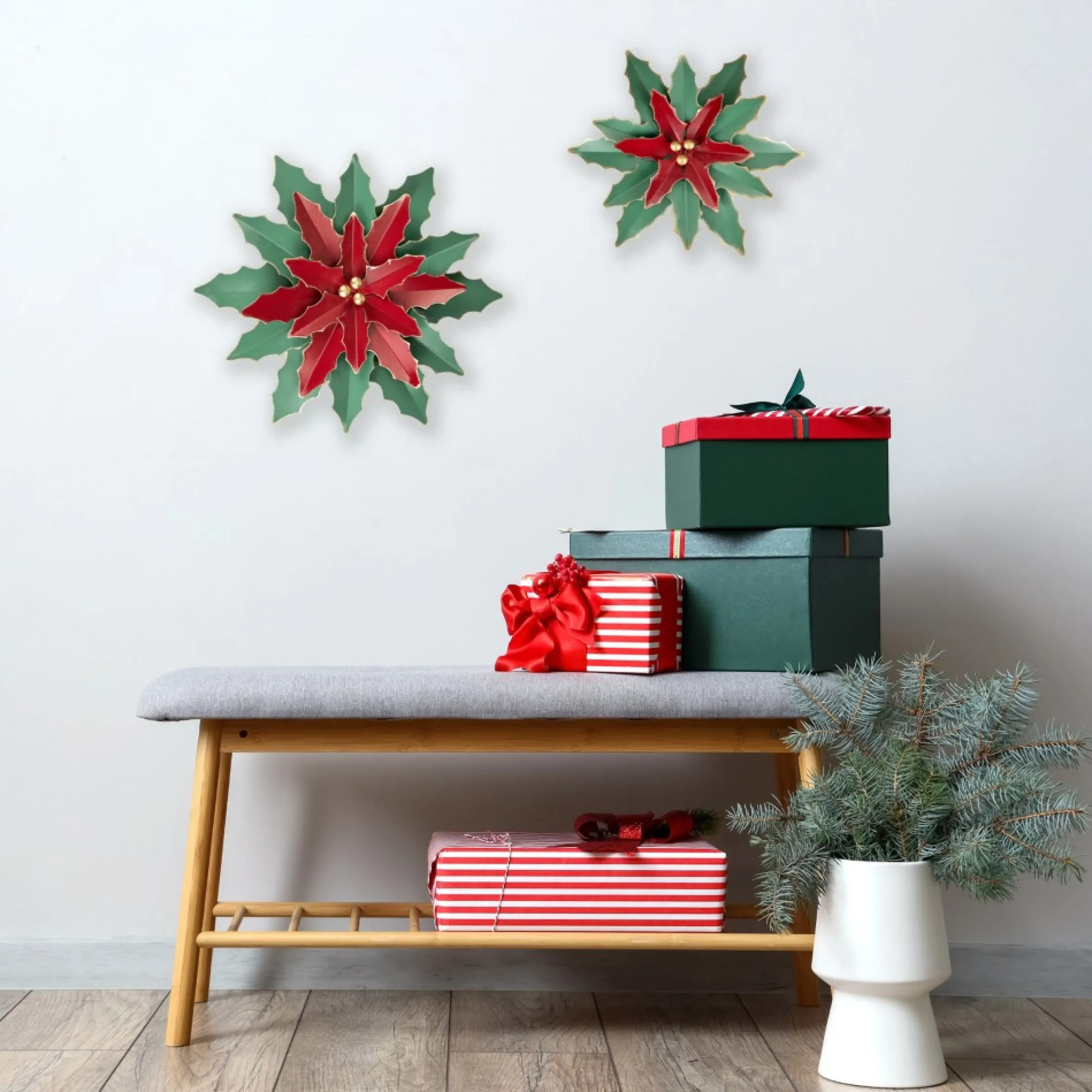 16.25" Large Red And Green Metal Poinsettia Christmas Wall Hanging