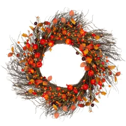 Leaves And Berries Artificial Fall Harvest Twig Wreath - 24 Inch, Unlit