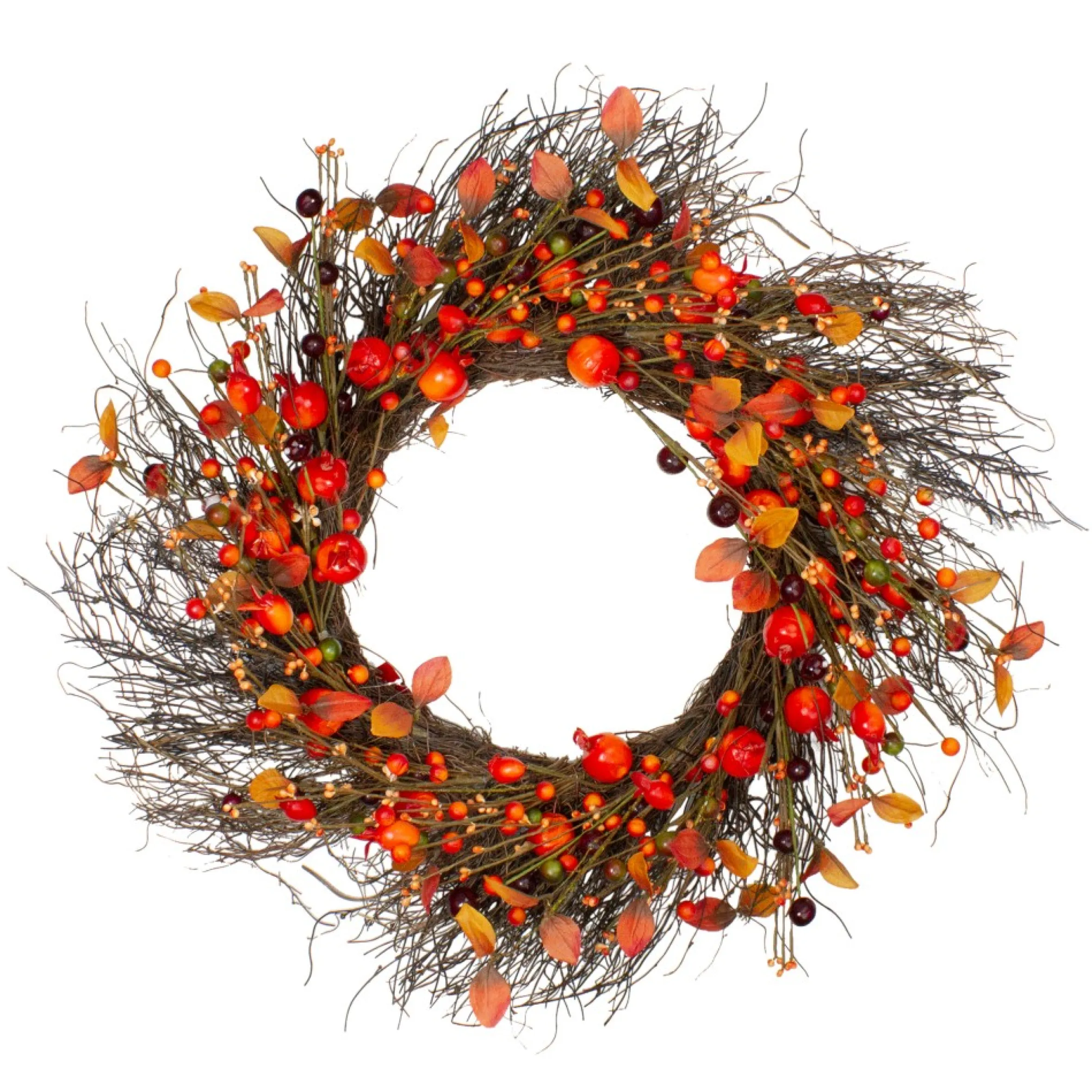 Leaves And Berries Artificial Fall Harvest Twig Wreath - 24 Inch, Unlit