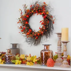 Leaves And Berries Artificial Fall Harvest Twig Wreath - 24 Inch, Unlit
