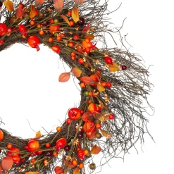 Leaves And Berries Artificial Fall Harvest Twig Wreath - 24 Inch, Unlit