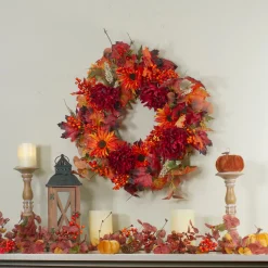 Leaves And Flowers Fall Harvest Wreath - 24-Inch, Unlit