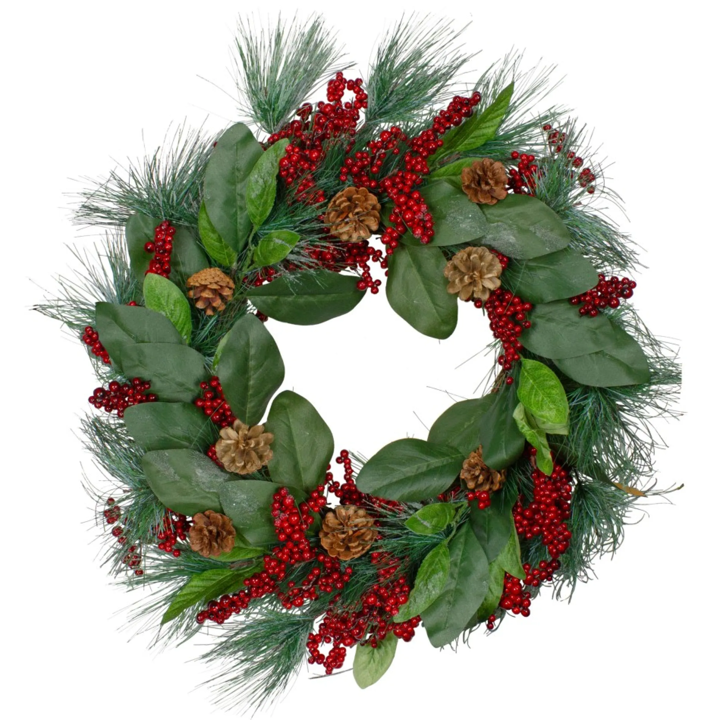 Leaves, Berry And Pine Needle Artificial Christmas Wreath - 24-Inch, Unlit