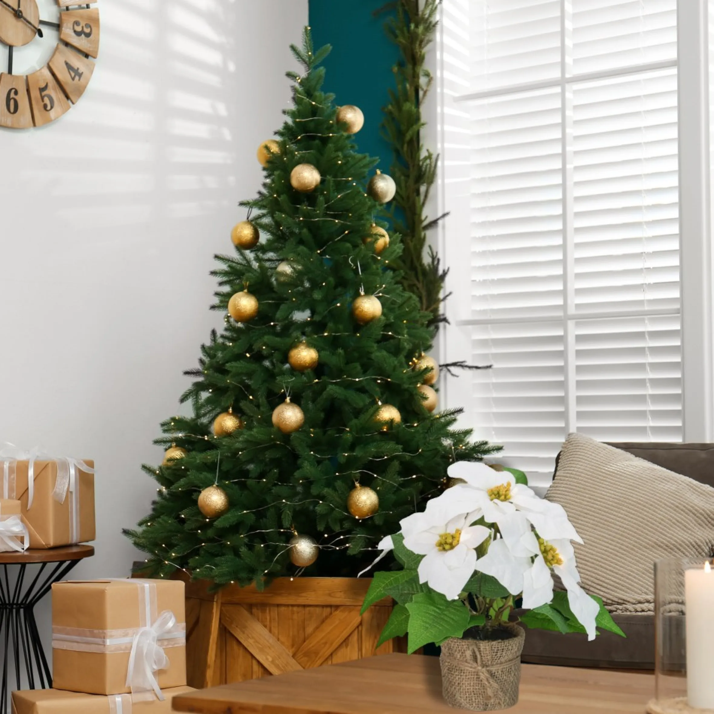 11.75" Led Artificial White Poinsettia Potted Plant - Clear Lights