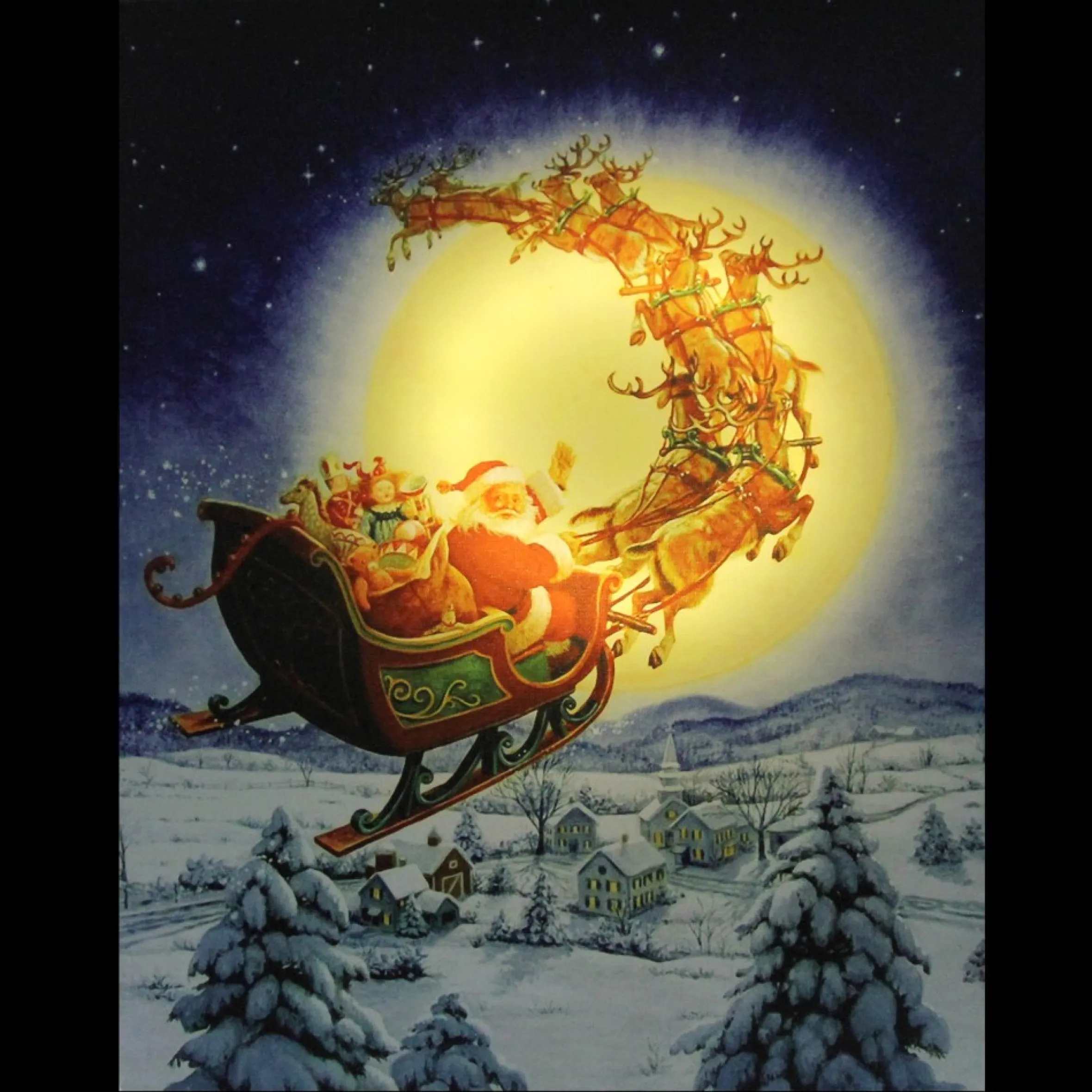 Led Back Lit Flying Santa Claus And Sleigh Christmas Wall Art 19.75" X 15.75"