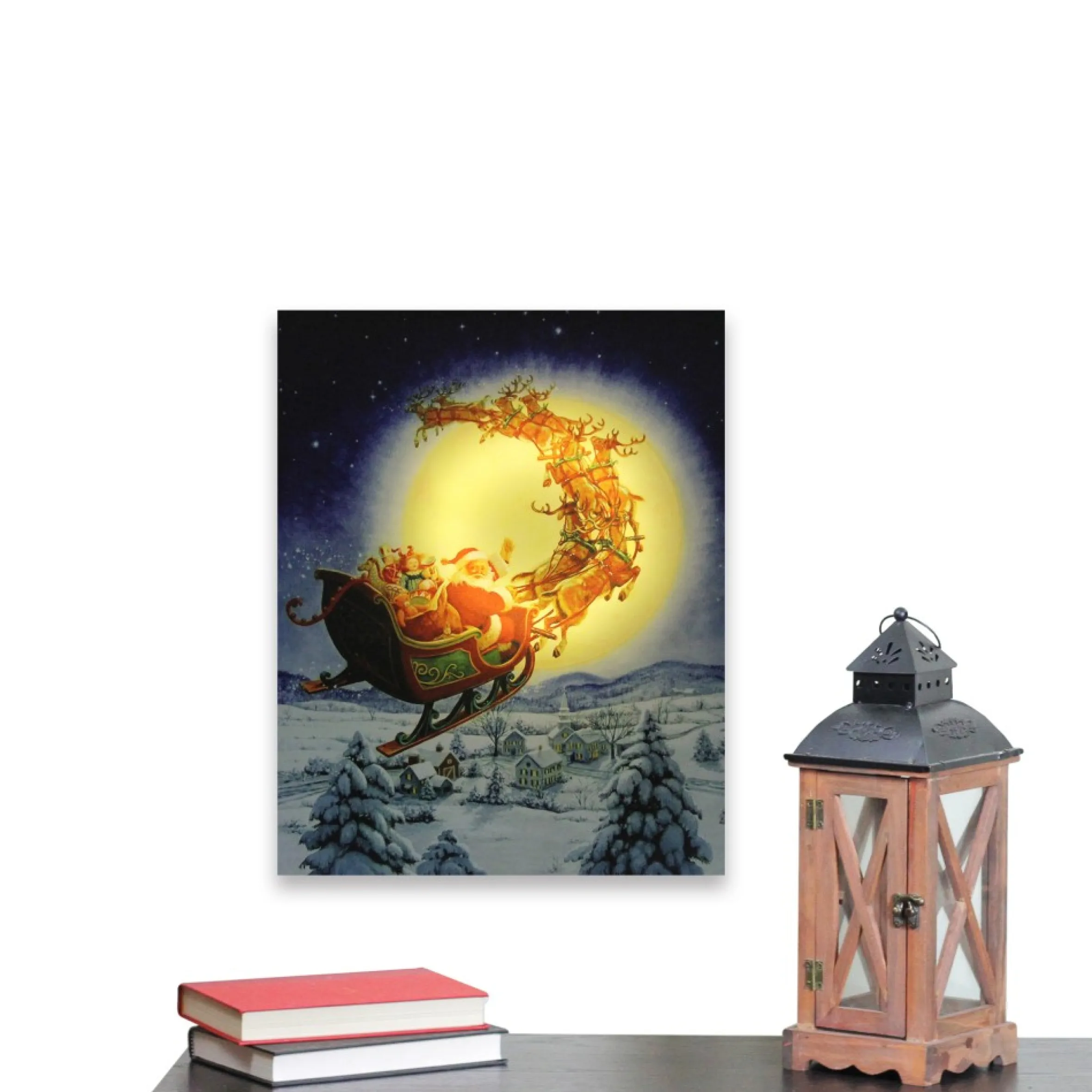 Led Back Lit Flying Santa Claus And Sleigh Christmas Wall Art 19.75" X 15.75"