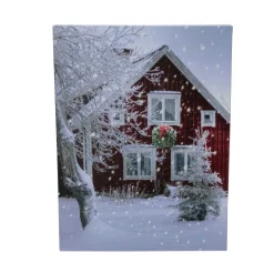 Led Fiber Optic Lighted Red Snowy Barn House Christmas Wall Art 15.75" X 12"