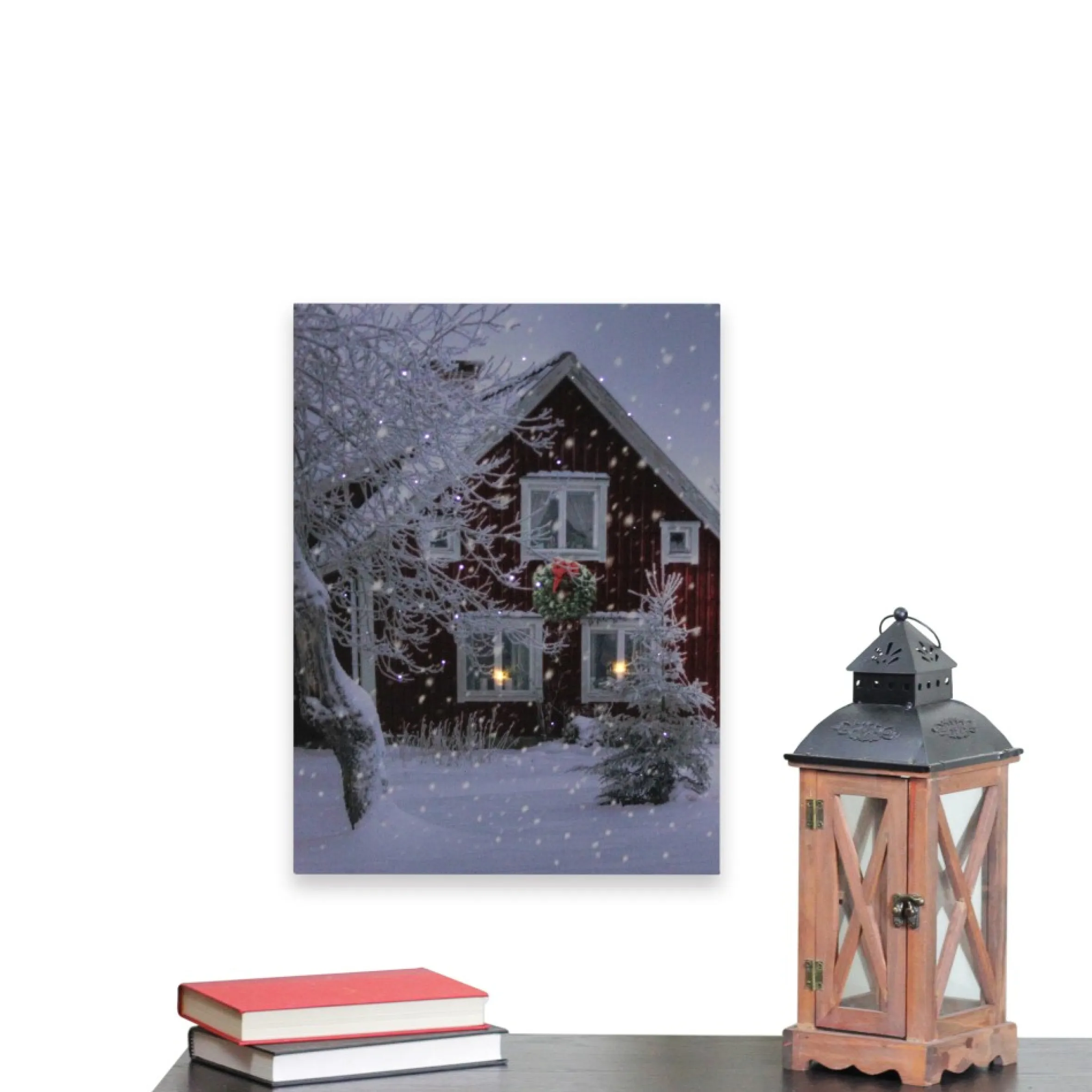 Led Fiber Optic Lighted Red Snowy Barn House Christmas Wall Art 15.75" X 12"