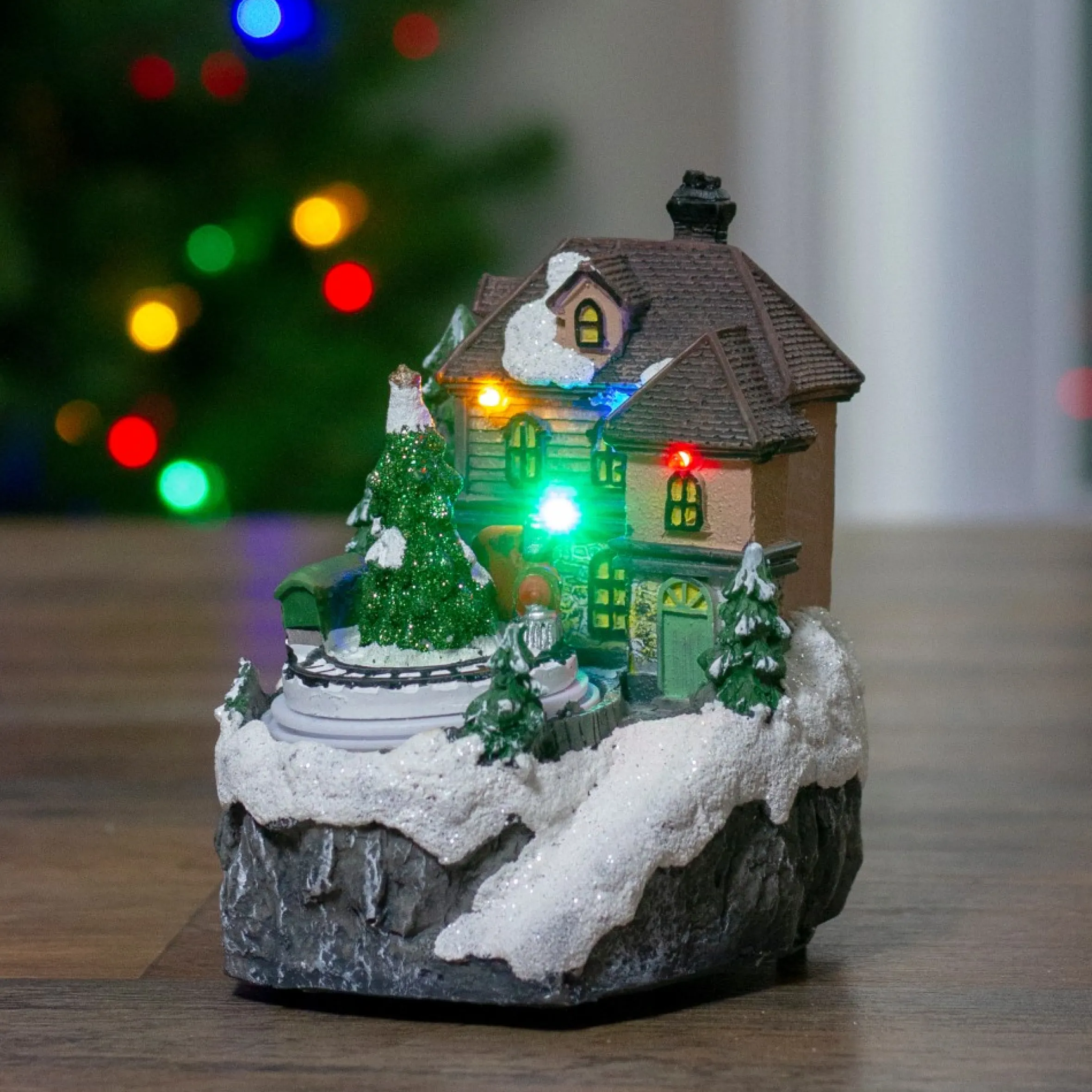 5.5" Led Lighted And Animated House With Train Christmas Village Display Piece