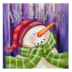 Led Lighted "Be Merry" Smiling Snowman Christmas Canvas Wall Art 11.75" X 11.75"
