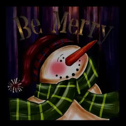 Led Lighted "Be Merry" Smiling Snowman Christmas Canvas Wall Art 11.75" X 11.75"