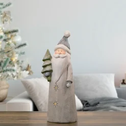 19" Led Lighted Ceramic Santa With Tree Christmas Figure