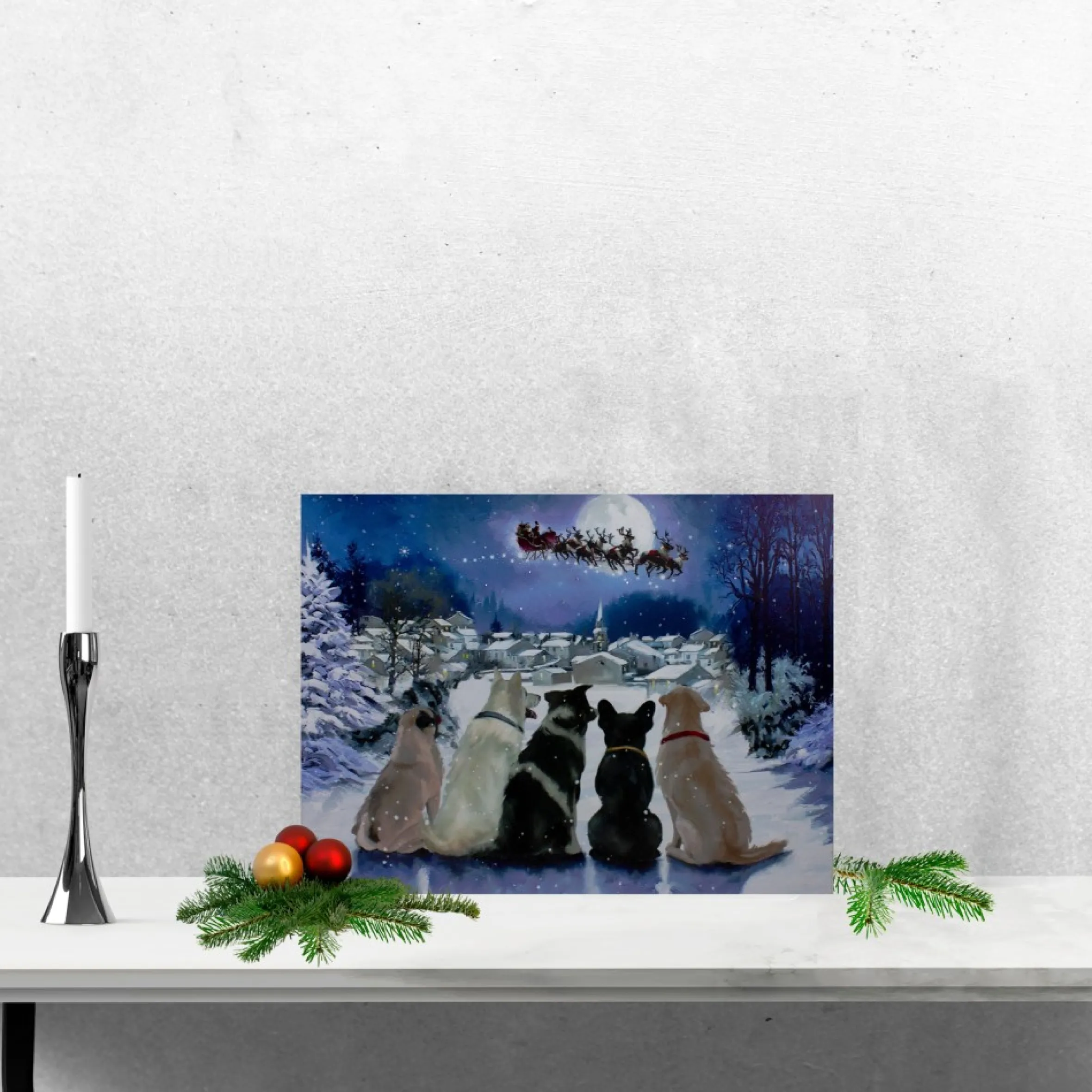 Led Lighted Fiber Optic Dogs And Santa's Sleigh Christmas Wall Art 12" X 15.75"